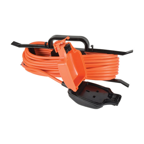 Mercury weatherproof 1 gang 5m extension cable in orange with IP54 socket enclosure, black UK socket cover and H-frame cord tidy, on a white background.