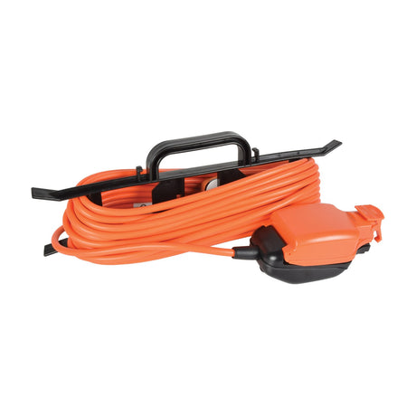 Mercury weatherproof 5m extension cable in orange with IP54-rated single 13A socket enclosure, wound on a black H-frame tidy with carry handle.