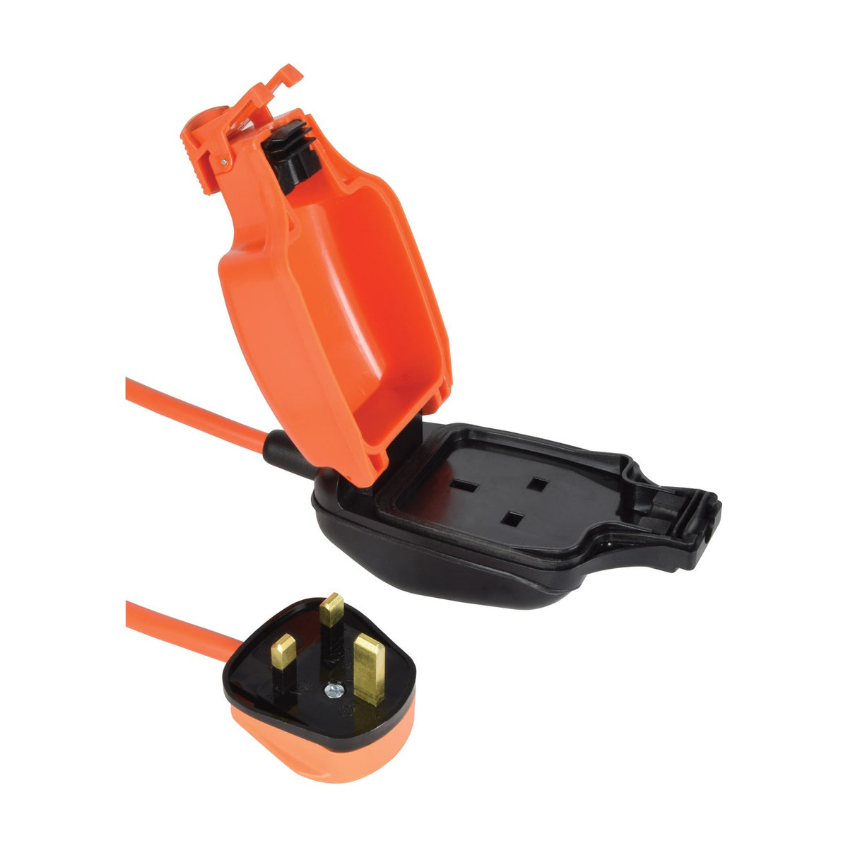 Mercury weatherproof 1 gang extension cable with orange IP54 socket housing open, orange mains lead, and black UK 13A plug on a white background.