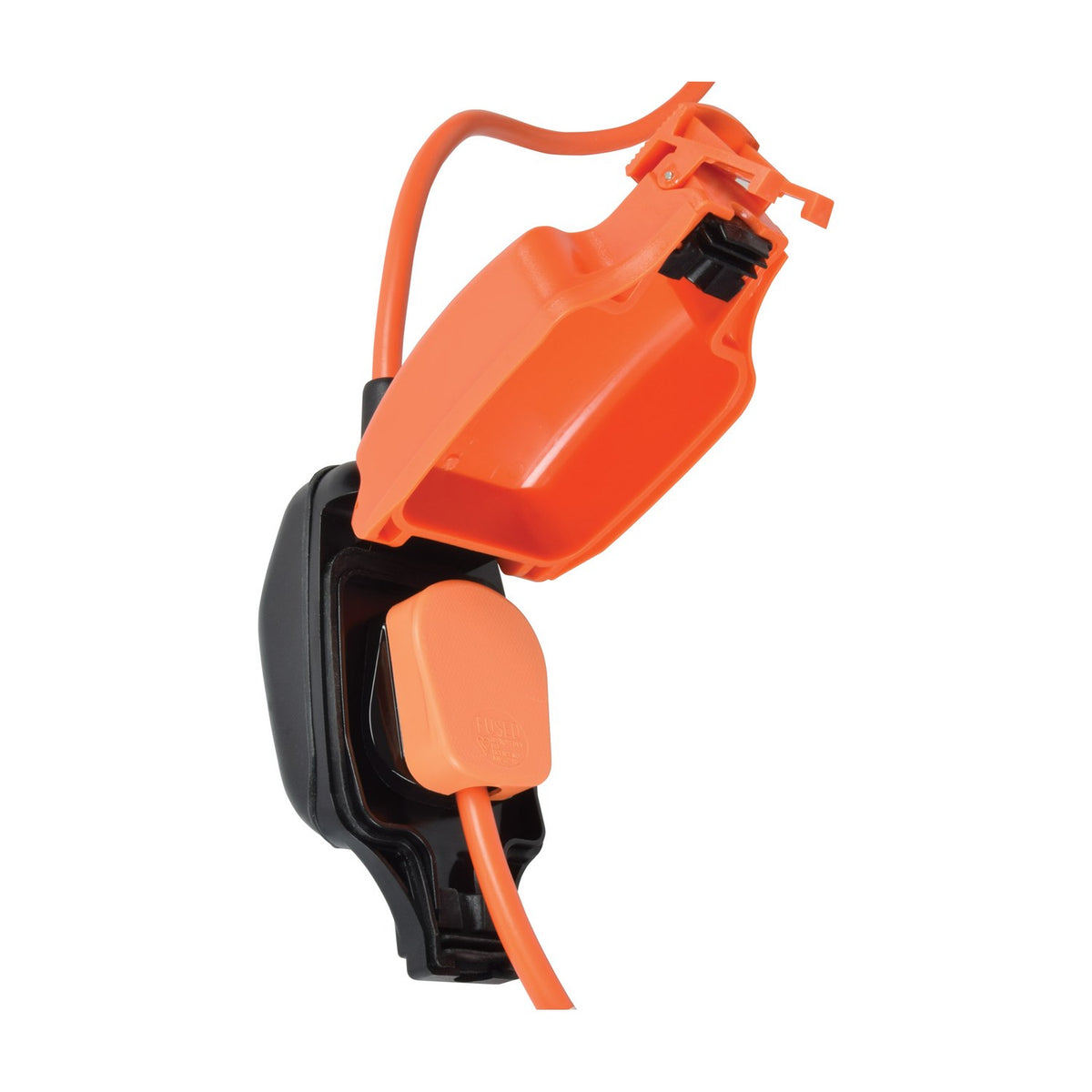 Mercury weatherproof 1 gang extension cable with orange IP54 socket housing open, orange plug inserted and orange mains lead attached, on white.