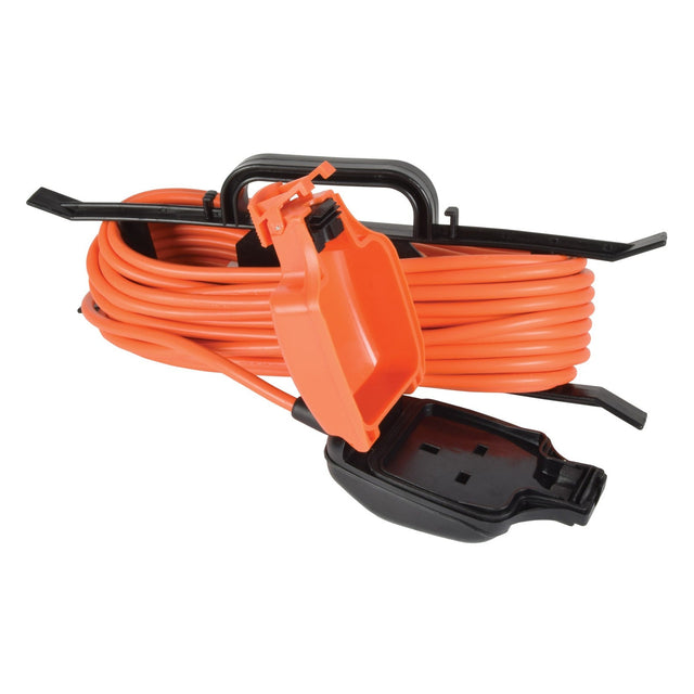 The Mercury Weatherproof 1 Gang Extension Cable - 5m is neatly coiled and features a weatherproof mains socket with a protective cover. It includes an H-frame cable tidy for easy winding and storage, along with a black spool handle and hooks for added convenience—making it an ideal outdoor power solution.