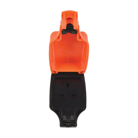 Mercury IP54 13A 1-gang outdoor socket by AVSL with orange polycarbonate body and hinged black weatherproof cover open, shown on a white background.