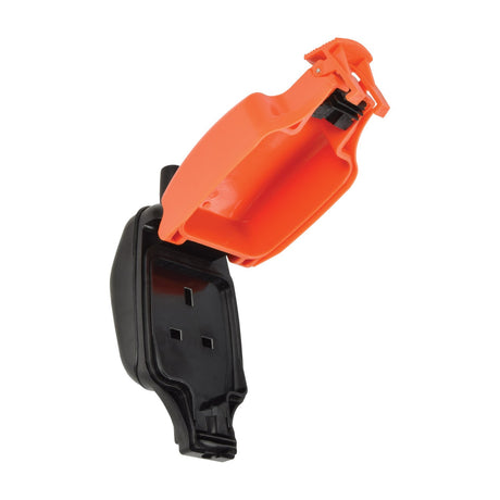 Mercury IP54 13A 1 gang outdoor socket by AVSL with black polycarbonate base and hinged orange weatherproof cover open, shown on a white background.