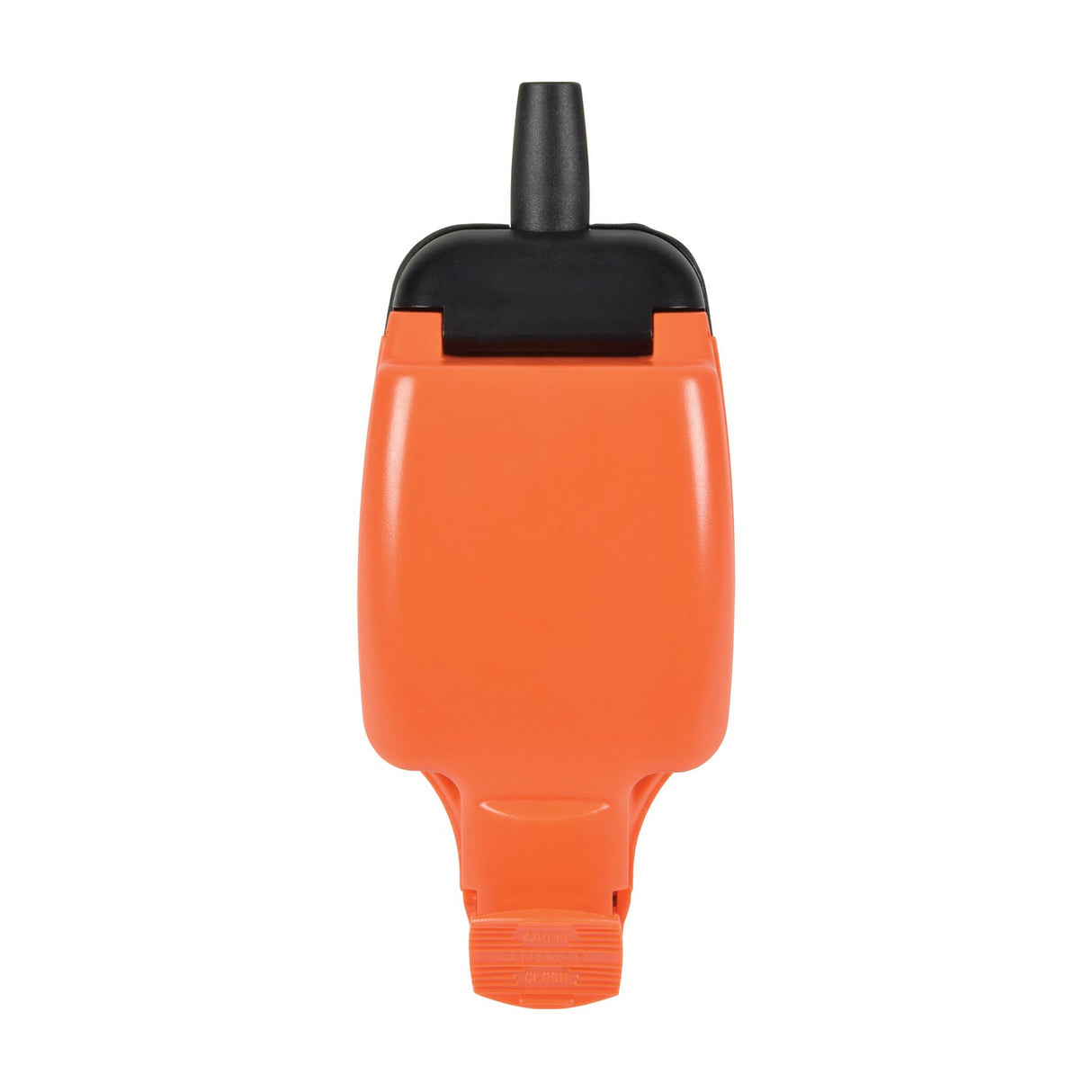 Mercury IP54 13A 1-gang outdoor socket by AVSL with orange polycarbonate body, hinged black weatherproof cover and cable outlet, shown on a white background.