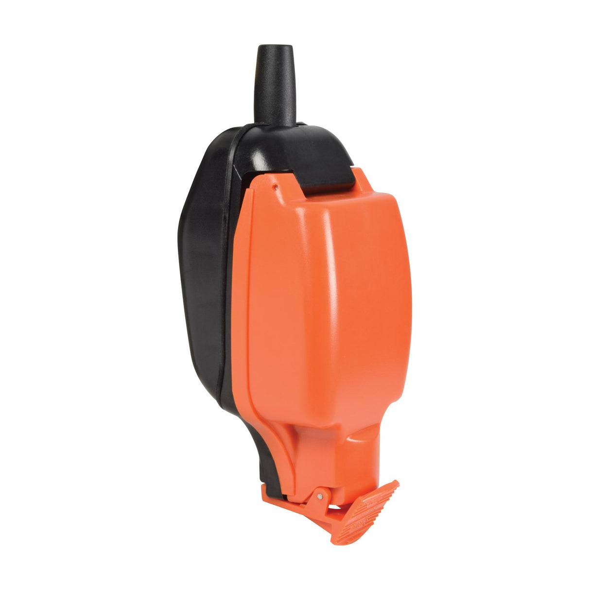 Mercury IP54 13A 1 gang outdoor socket by AVSL in orange and black polycarbonate with hinged weatherproof cover and latch, shown on a white background.