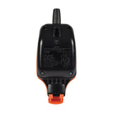 Rear view of the Mercury IP54 13A 1 gang outdoor socket by AVSL, showing the black polycarbonate back with warning label, screws and orange base.