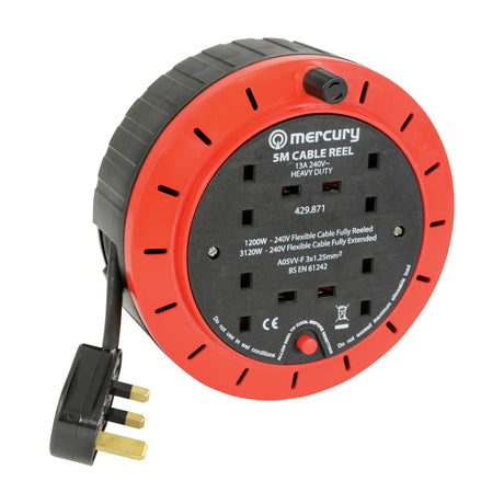 Mercury 4 gang 5m cable reel in red and black enclosed plastic drum with four 13A UK sockets, reset button and moulded UK plug on a white background.
