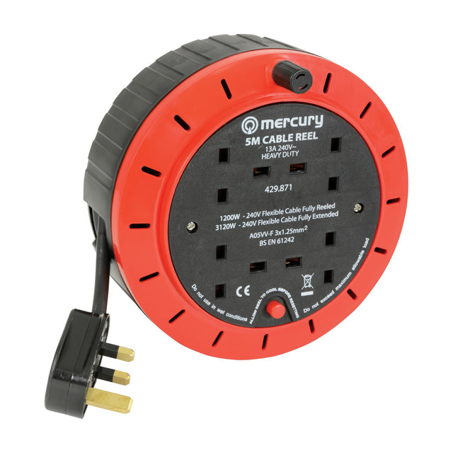 Mercury 4 gang 5m cable reel in red and black enclosed plastic drum with four 13A UK sockets, reset button and moulded UK plug on a white background.
