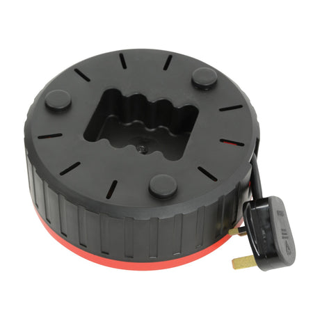 Mercury 4 gang 5m cable reel by AVSL with black enclosed drum, carry handle, red casing and UK plug, shown on a white background.