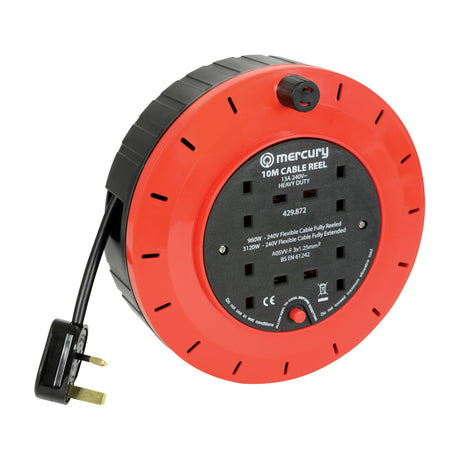 Mercury 4 gang 10m cable reel in red and black with four 13A UK sockets, thermal cut-out reset button and moulded plug on a white background.