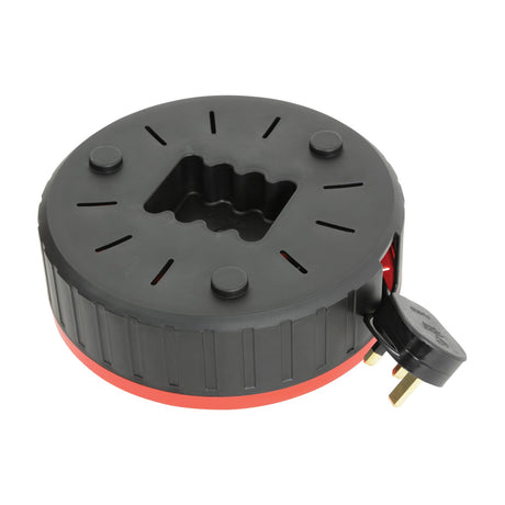 Mercury 4 gang 10m cable reel by AVSL shown from above with black enclosed drum, red trim, carry handle recess and UK 3-pin plug.
