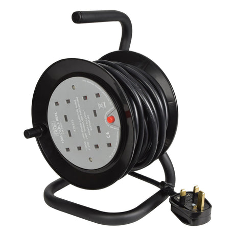 The Mercury 4-Way 13A 10m Mini Cable Reel includes a black cable reel with four mains sockets and a three-pin plug, mounted on a robust steel frame featuring a handle for easy portability. The extension cable is neatly wound around the reel, providing both convenience and practicality.