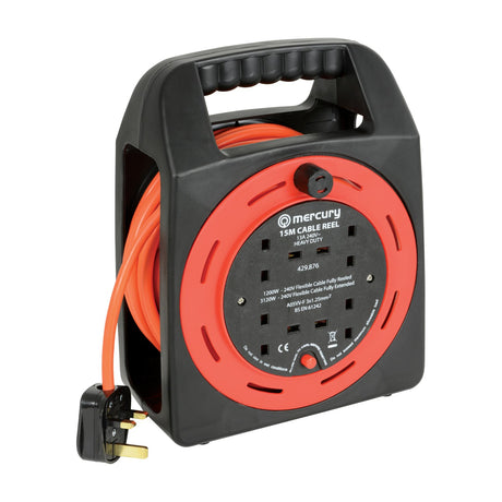Mercury 15m 4-gang cable reel with orange high-visibility cable, black moulded plastic frame, red open drum, top carry handle and UK 13A fused plug.