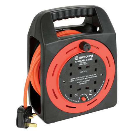 The Mercury 4-Gang 15m Cable Reel with Thermal Cut-Out is a black and red retractable cable reel featuring a convenient handle and four plug sockets. It comes with a 13A fused mains plug, and its front panel showcases the power specifications and length details. The orange extension cord is partially wound, revealing a visible plug at the bottom.