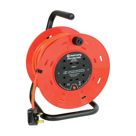 Mercury 25m 4-gang cable reel with orange drum, four 13A sockets, thermal cut-out, black steel frame with carry handle and UK plug lead.