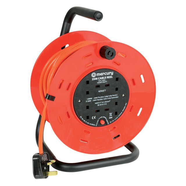 The Mercury 4-Gang 25m Cable Reel With Thermal Cut-Out features a red cable reel with four black power sockets, mounted on a sturdy steel frame. It includes an orange extension cord with a three-pin plug and is labeled as a 25-meter mains extension cable, ensuring reliability and safety.