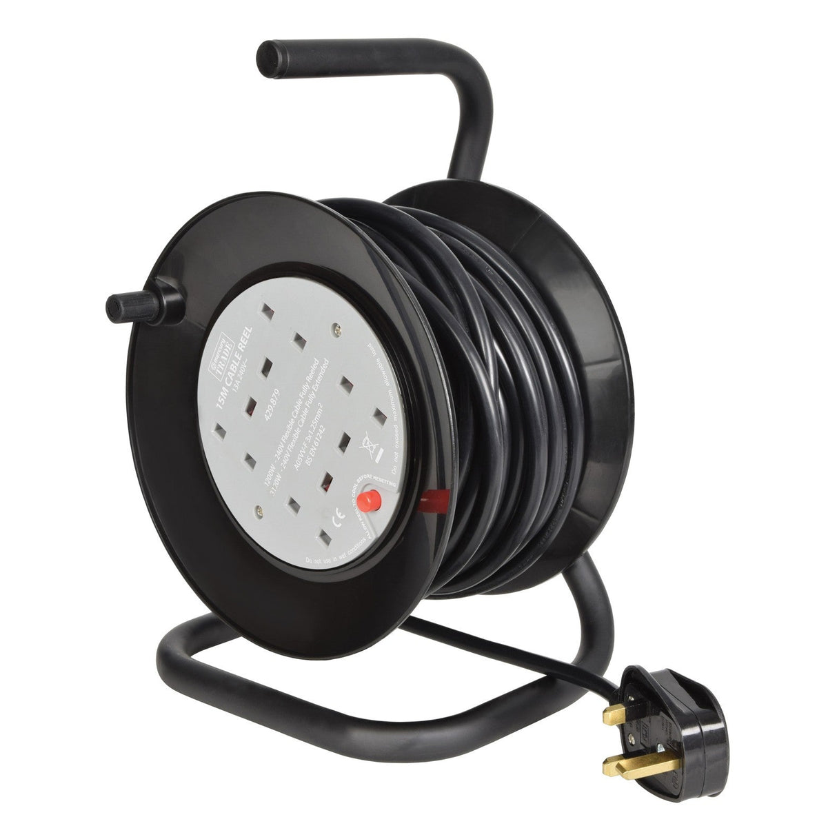 The Mercury 4-Way 13A 15m Mini Cable Reel is a black extension cable reel with a handle, equipped with four mains sockets and a UK 13A fused plug. It features a neatly wound cable around the reel, supported by a sturdy metal frame for easy transportation and storage.