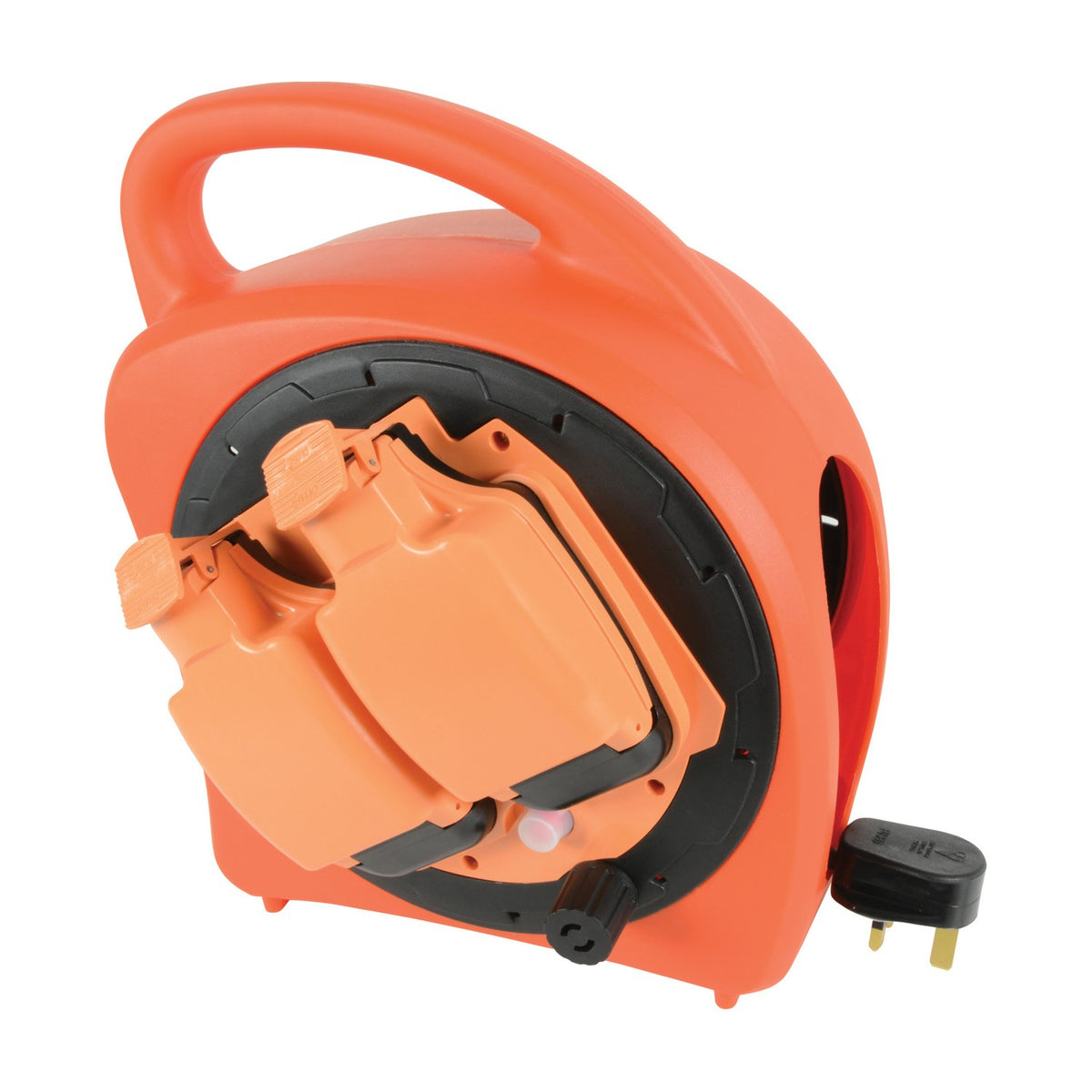 Mercury weatherproof 20m cable reel in orange with two IP54 gang sockets behind hinged covers, carry handle and UK 13A plug, on a white background.