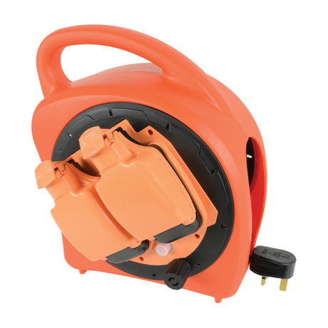 Mercury weatherproof 20m cable reel in orange with two IP54 gang sockets behind hinged covers, carry handle and UK 13A plug, on a white background.