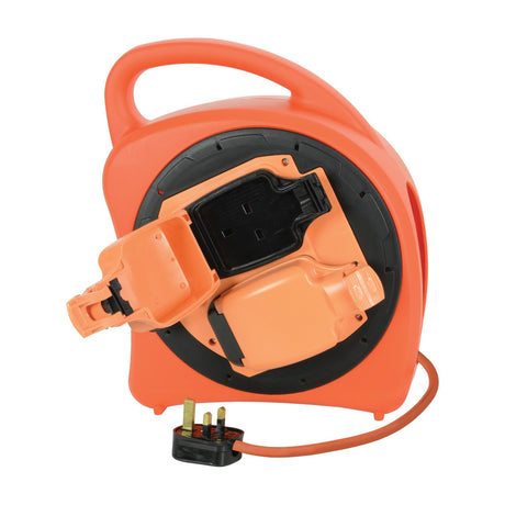Mercury weatherproof 2 gang cable reel in orange with black hinged socket cover open, UK 13A fused plug on high-visibility orange cable, carry handle.