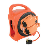 Mercury weatherproof 20m 2-gang cable reel by AVSL in orange with black hinged socket covers, carry handle and UK 13A fused plug on a white background.