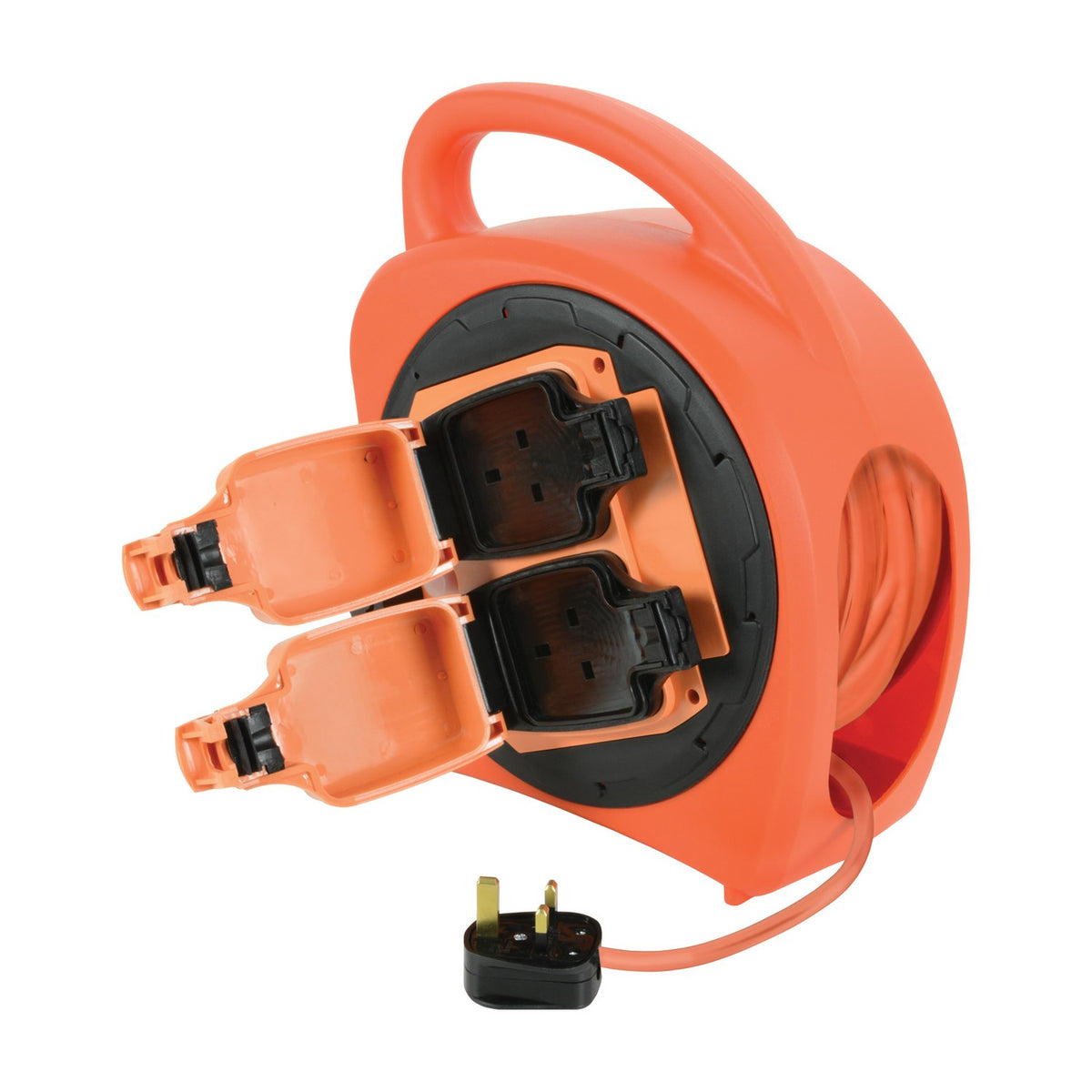 Mercury weatherproof 2 gang cable reel in orange with hinged IP54 socket covers open, 20m cable wound on the drum and UK 13A plug shown below.