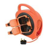 Mercury weatherproof 2 gang cable reel in orange with hinged IP54 socket covers open, 20m cable wound on the drum and UK 13A plug shown below.