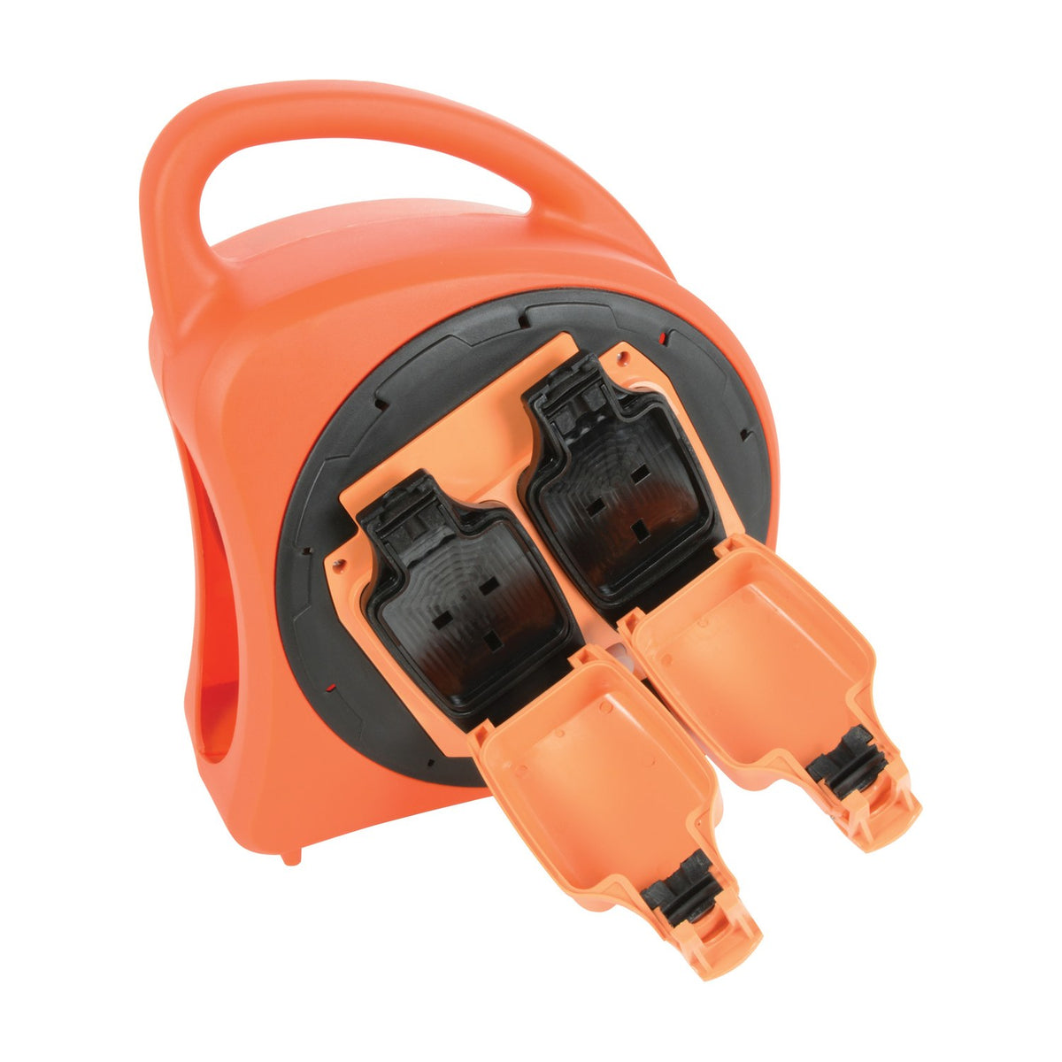 Mercury weatherproof 2 gang cable reel in orange with black hinged IP54 socket covers open and integrated carry handle on a white background.