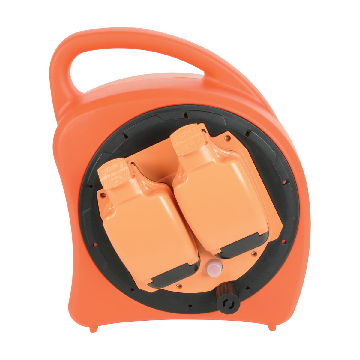 Mercury weatherproof 2 gang cable reel in orange with two IP54 sockets behind a hinged cover, integrated carry handle, on a white background.