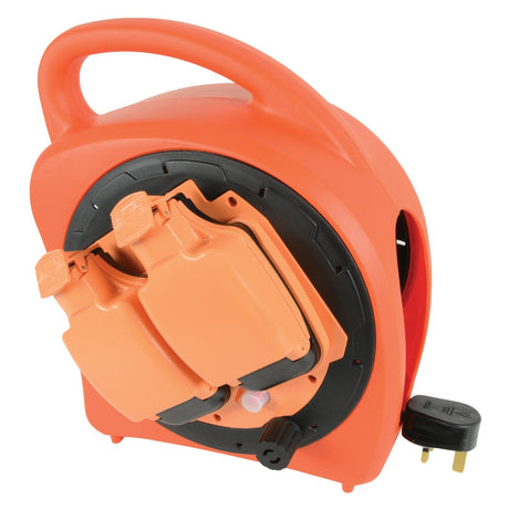 The Mercury Weatherproof 2 Gang Cable Reel - 20m is an orange, portable cable reel featuring a handle and two splashproof sockets. It comes with a retractable cord and a three-pronged plug, while its high visibility cable design ensures easy storage and transportation of electrical cords.