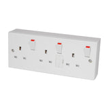 Mercury 3 gang switched fused mains outlet in white plastic with three red rocker switches, central fuse holder and surface-mount back box.