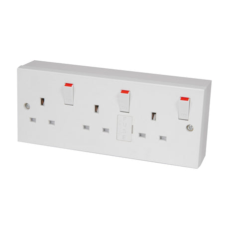 Mercury 3 gang switched fused mains outlet in white plastic with three red rocker switches, central fuse holder and surface-mount back box.