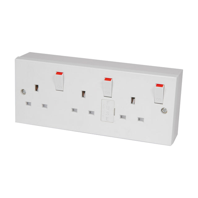Mercury 3 gang switched fused mains outlet in white plastic with three red rocker switches, central fuse holder and surface-mount back box.