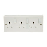 Mercury 3 gang switched fused mains outlet in white with three on rocker switches, central fuse holder and surface-mount back box on a white background.