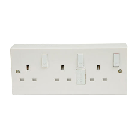 Mercury 3 gang switched fused mains outlet in white with three on rocker switches, central fuse holder and surface-mount back box on a white background.