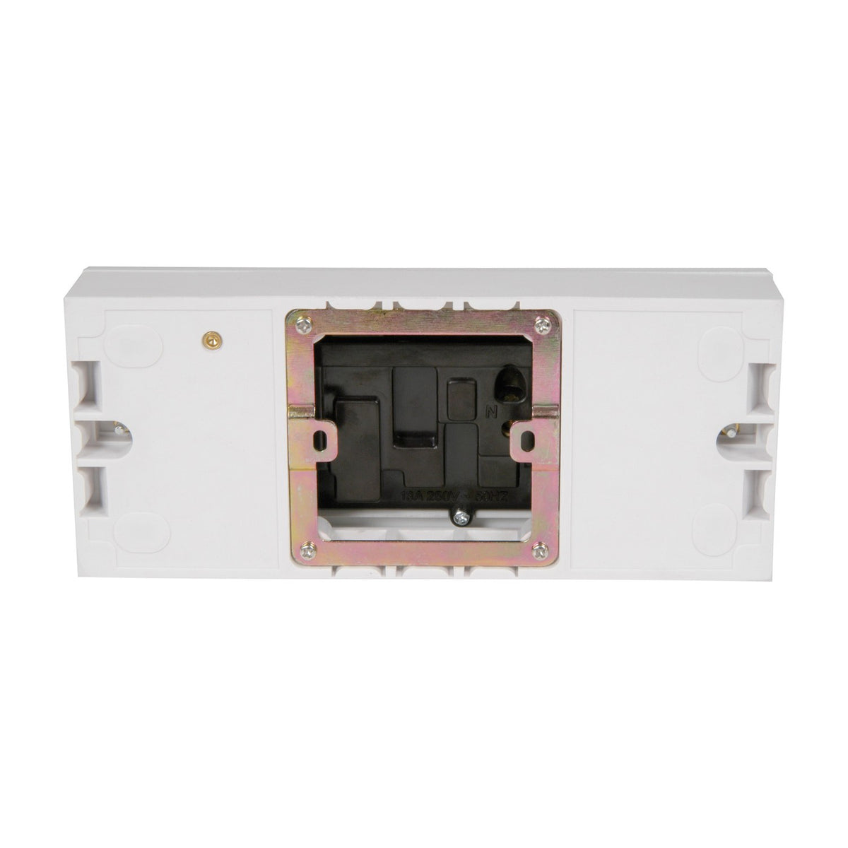 Rear view of the AVSL Mercury 3 gang switched fused mains outlet in white ABS, showing the surface-mount back box and metal mounting frame.