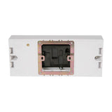 Rear view of the AVSL Mercury 3 gang switched fused mains outlet in white ABS, showing the surface-mount back box and metal mounting frame.