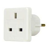 Mercury UK to EU travel adaptor in white ABS with UK 3-pin socket on the front face and European round pins on the side, shown on a plain background.