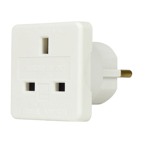 Mercury UK to EU travel adaptor in white ABS with UK 3-pin socket on the front face and European round pins on the side, shown on a plain background.