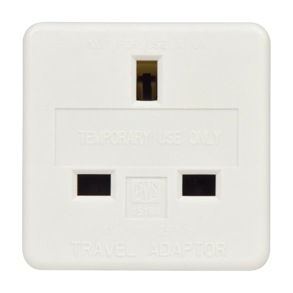 Mercury UK to EU travel adaptor in white ABS with UK 3-pin socket face, marked "Not for use in UK" and "Temporary Use Only", on a plain background.