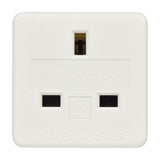 Mercury UK to EU travel adaptor in white ABS with UK 3-pin socket face, marked "Not for use in UK" and "Temporary Use Only", on a plain background.