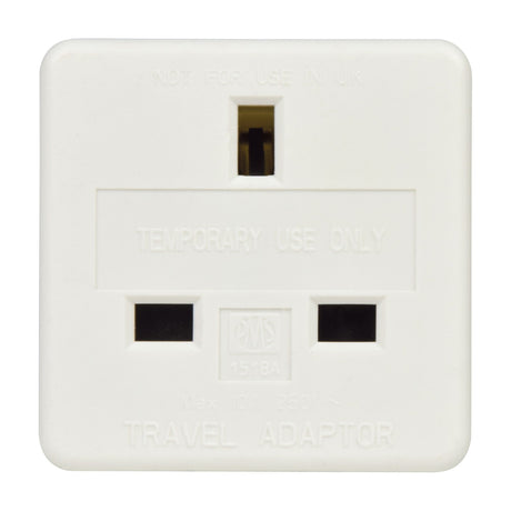 Mercury UK to EU travel adaptor in white ABS with UK 3-pin socket face, marked "Not for use in UK" and "Temporary Use Only", on a plain background.