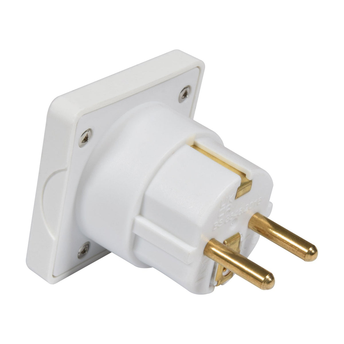 Mercury UK to EU travel adaptor in white ABS with two brass Schuko pins and square socket face, shown against a plain white background.