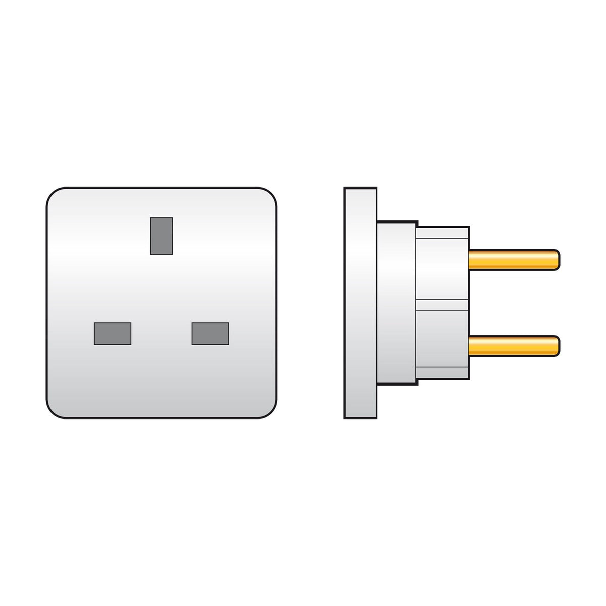 Mercury UK to EU travel adaptor in white, shown from the front with UK 3-pin socket apertures and from the side with two round EU pins.