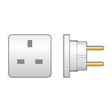 Mercury UK to EU travel adaptor in white, shown from the front with UK 3-pin socket apertures and from the side with two round EU pins.
