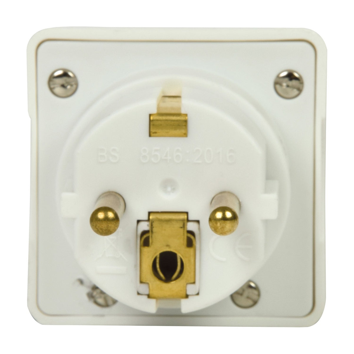 Mercury UK to EU travel adaptor in white with brass Schuko pins, earth contact clips and BS 8546:2016 marking, shown from the plug side.