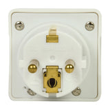 Mercury UK to EU travel adaptor in white with brass Schuko pins, earth contact clips and BS 8546:2016 marking, shown from the plug side.