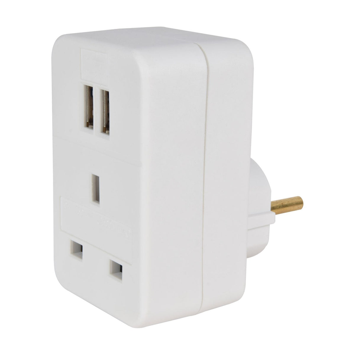 Mercury UK to EU travel adaptor in white with a front UK socket, twin USB-A ports and rear Schuko pins, shown on a plain background.