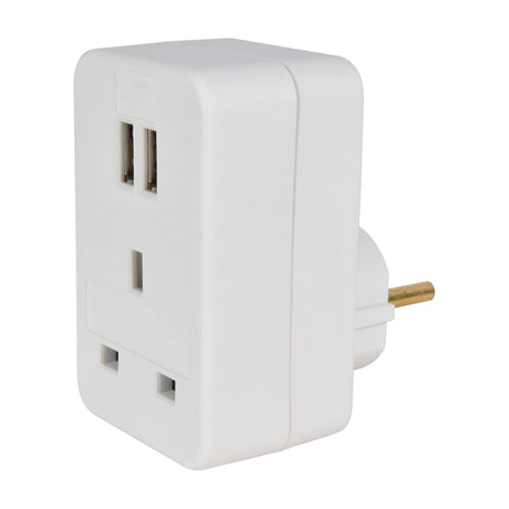 Mercury UK to EU travel adaptor in white with a front UK socket, twin USB-A ports and rear Schuko pins, shown on a plain background.