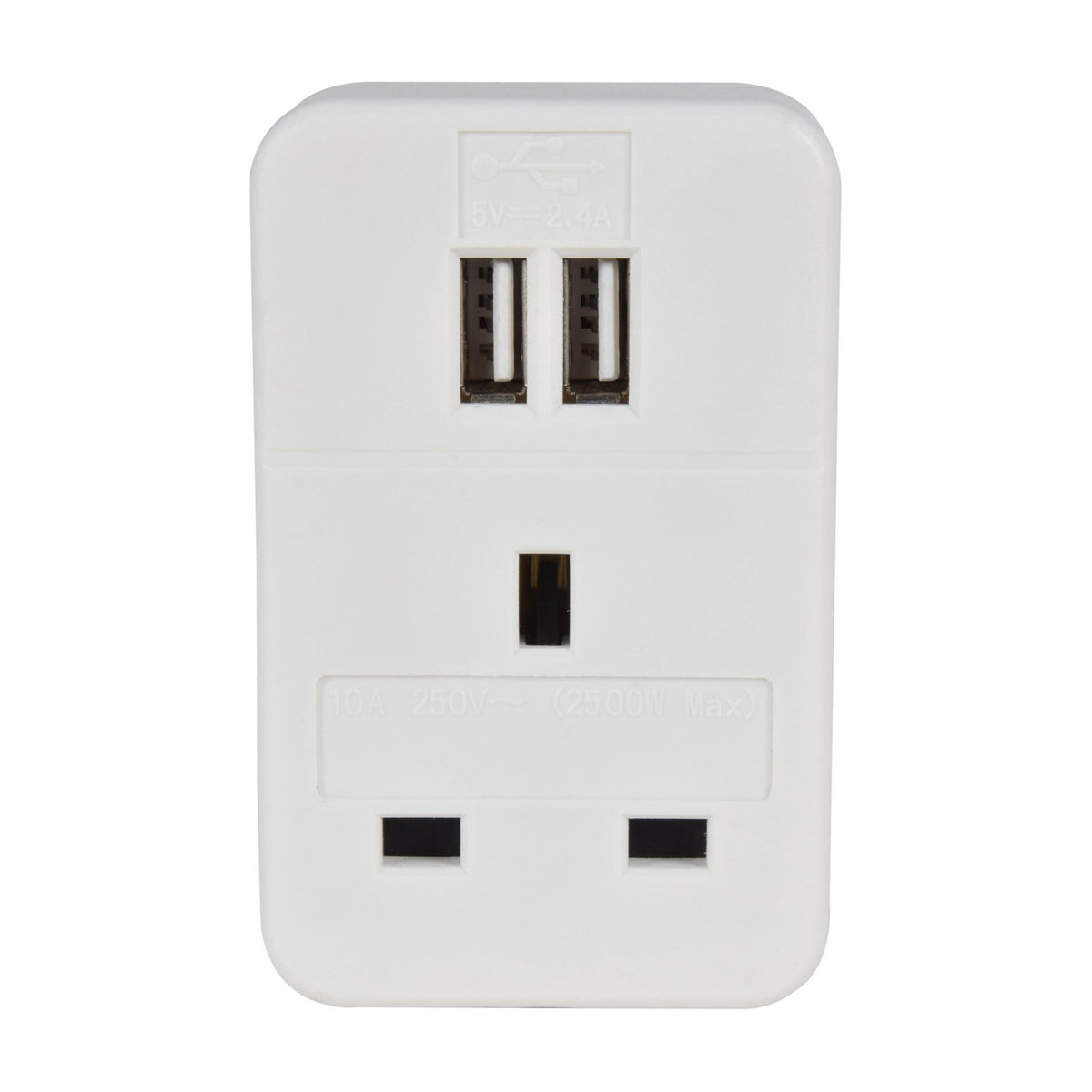 Mercury UK to EU travel adaptor in white with a front UK 3-pin socket and twin USB-A ports rated 5V 2.4A, shown on a plain background.
